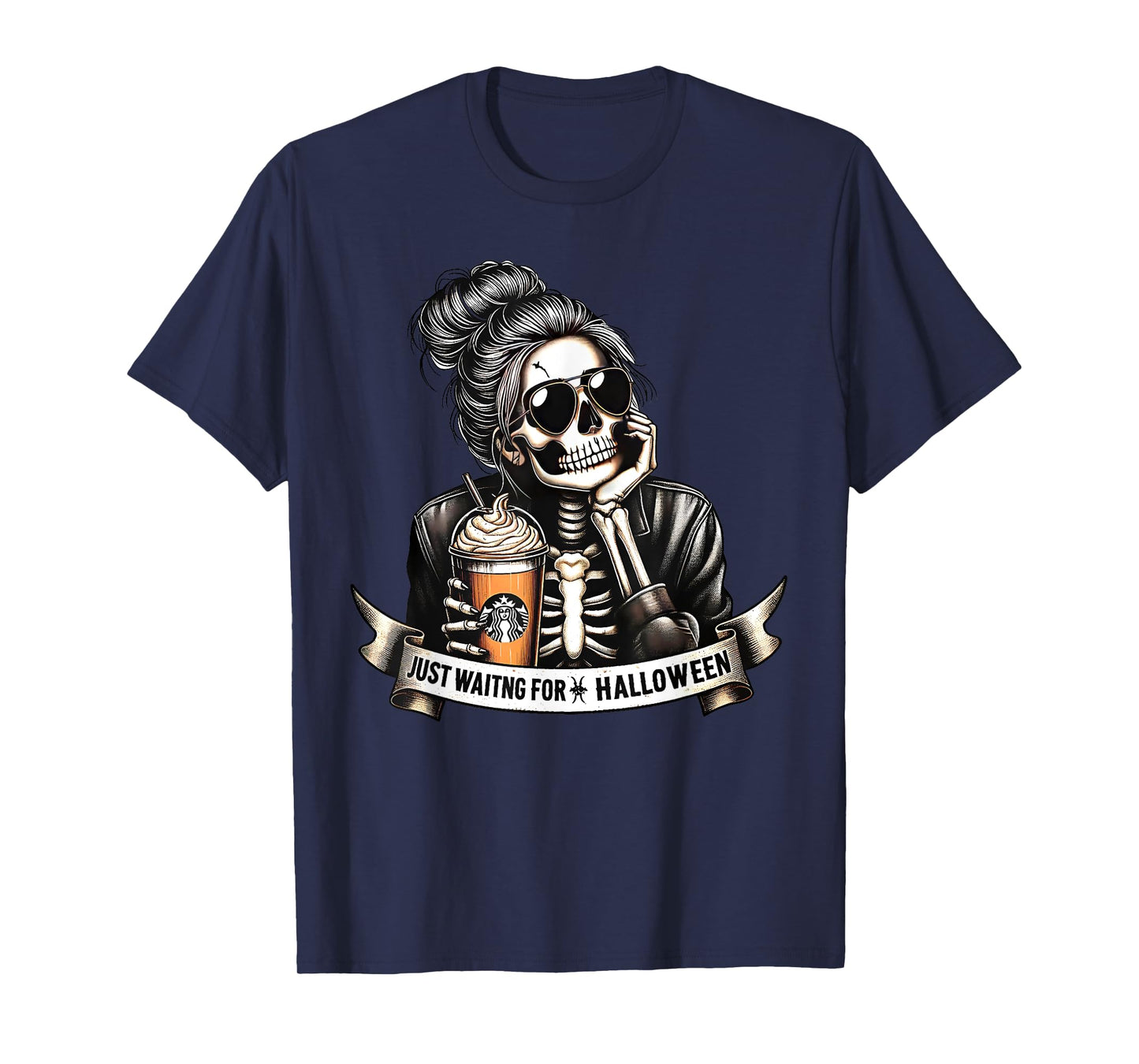 Just Waiting For Halloween Spooky Season Skeleton Coffee T-Shirt