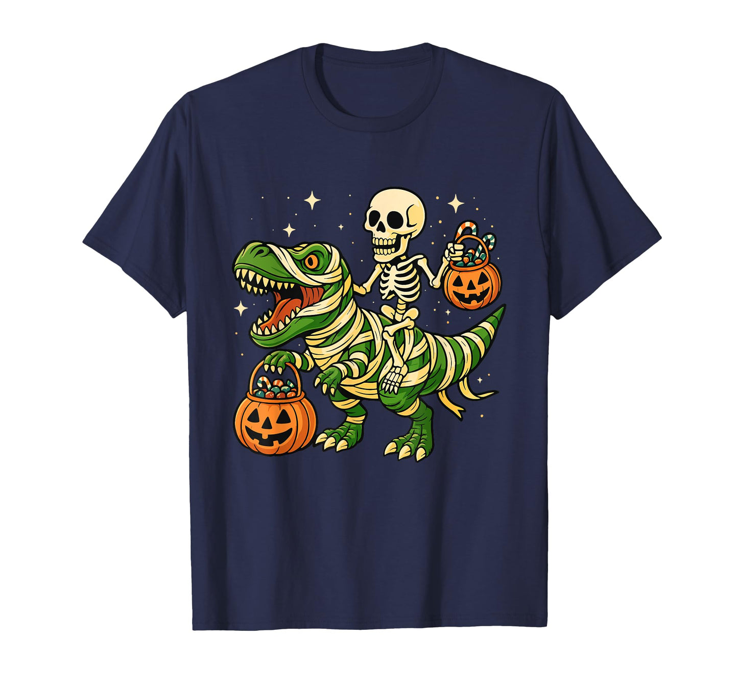 Skeleton Riding T-Rex - Spooky Halloween Jack O'Lantern T-Shirt
