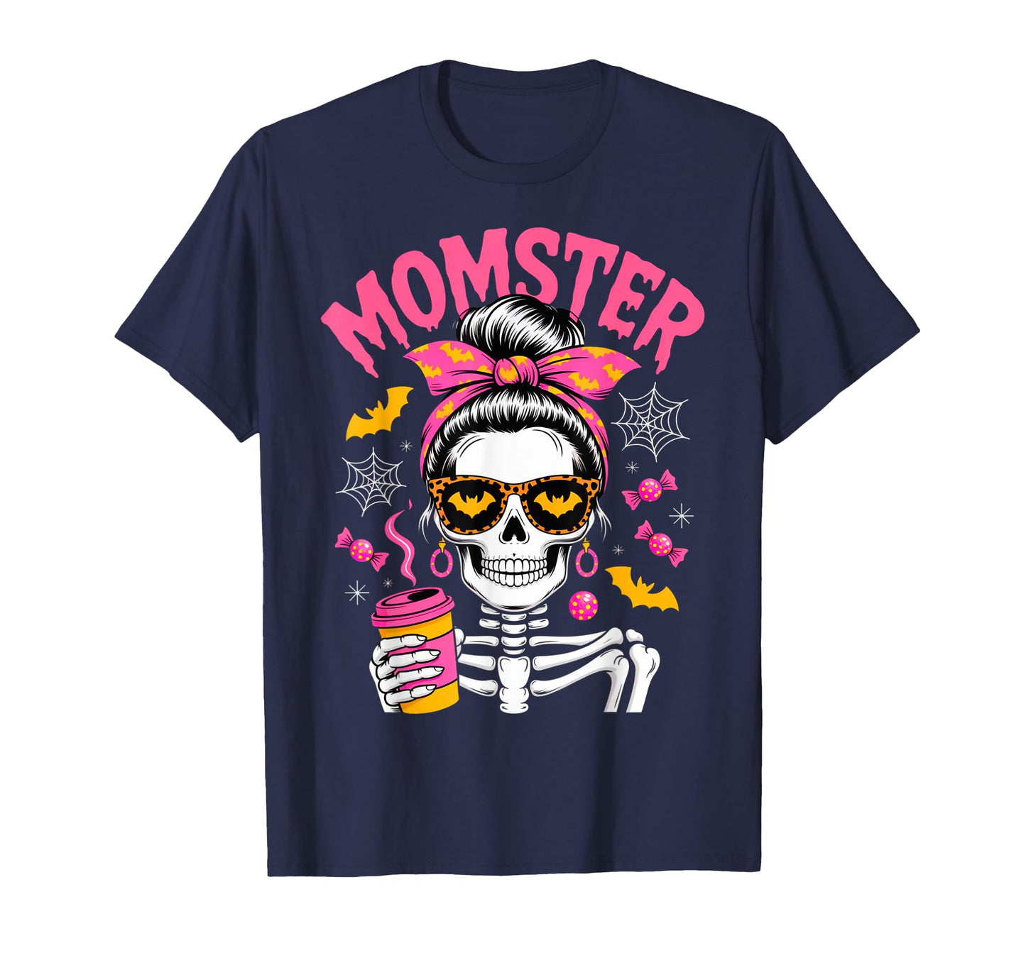 Momster Halloween Costume Skeleton Messy Bun Mother Coffee T-Shirt