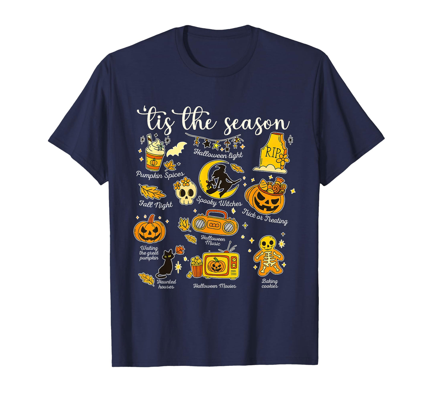 Tis The Season Halloween with Pumpkins, Witches, Black Cat T-Shirt
