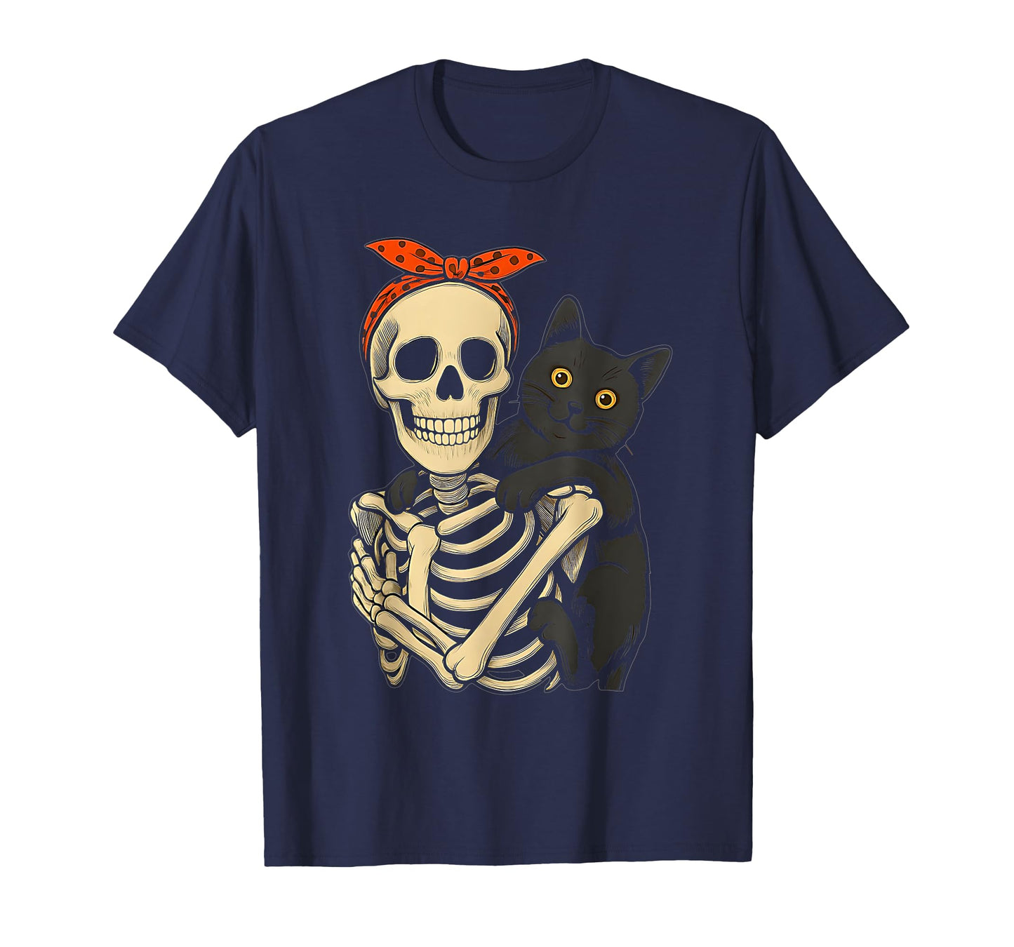 Skeleton Hugging Black Cat Halloween Cat Lover Mom Womens T-Shirt