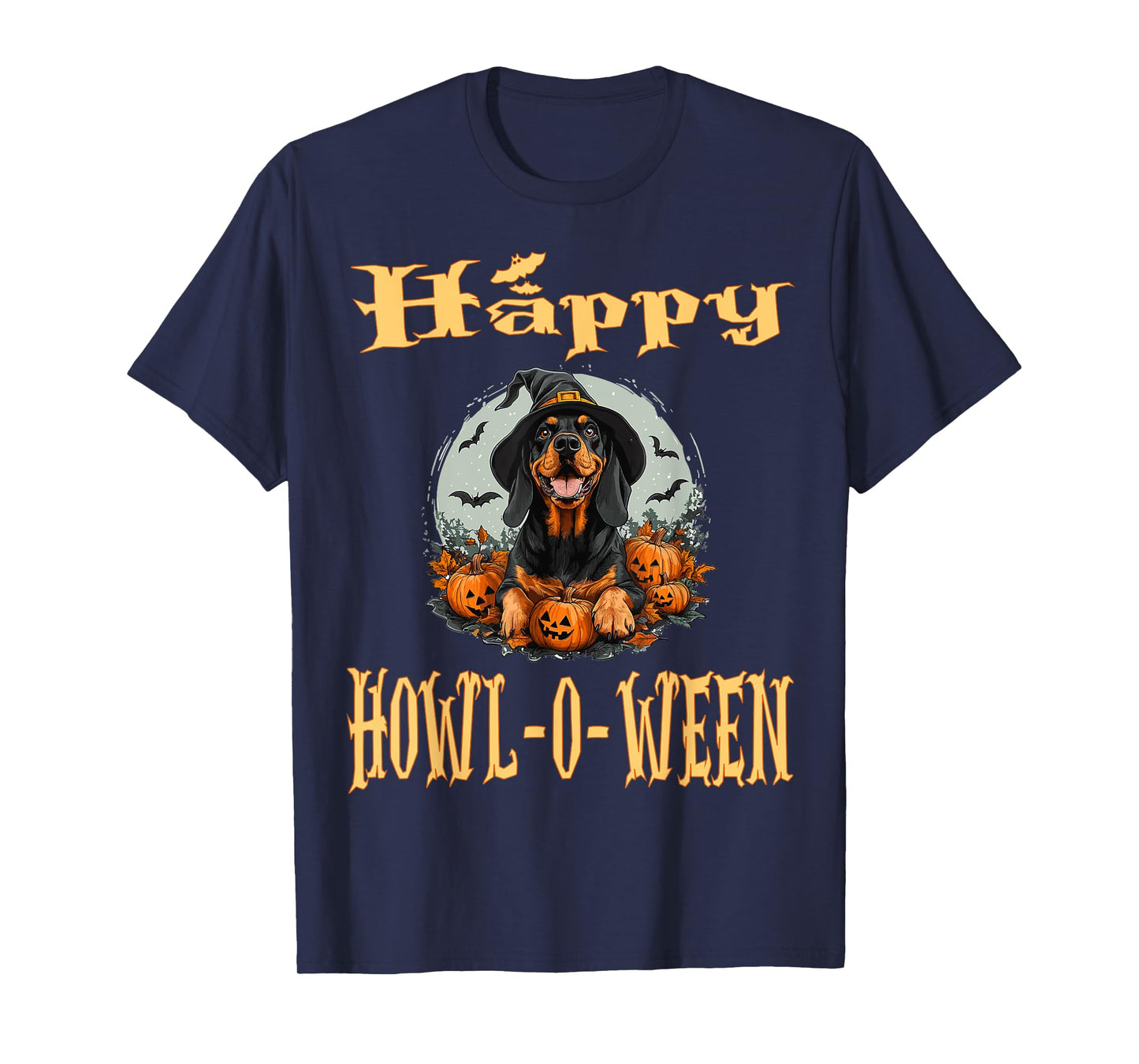 Black And Tan Coonhound Dog Whitch Hat Halloween Pumpkin Men Women Kids T-Shirt