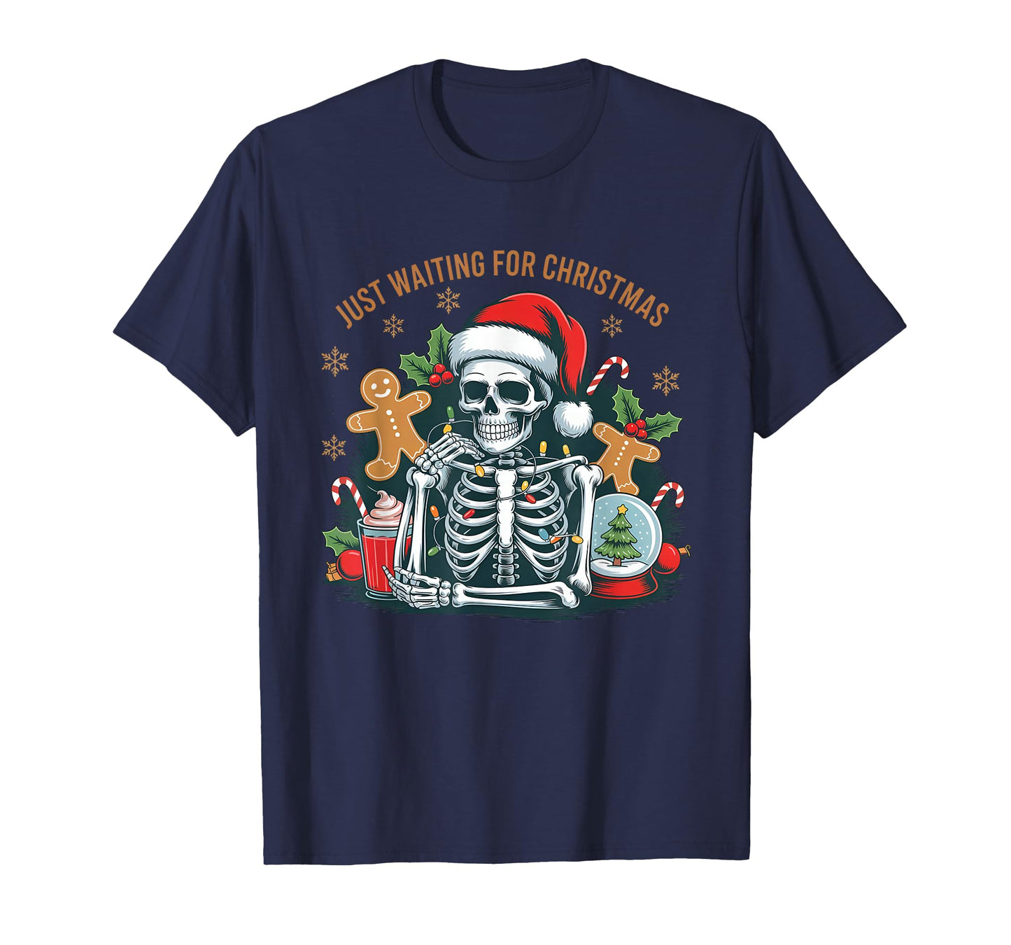 Just Waiting for Christmas Skeleton Santa Hat T-Shirt