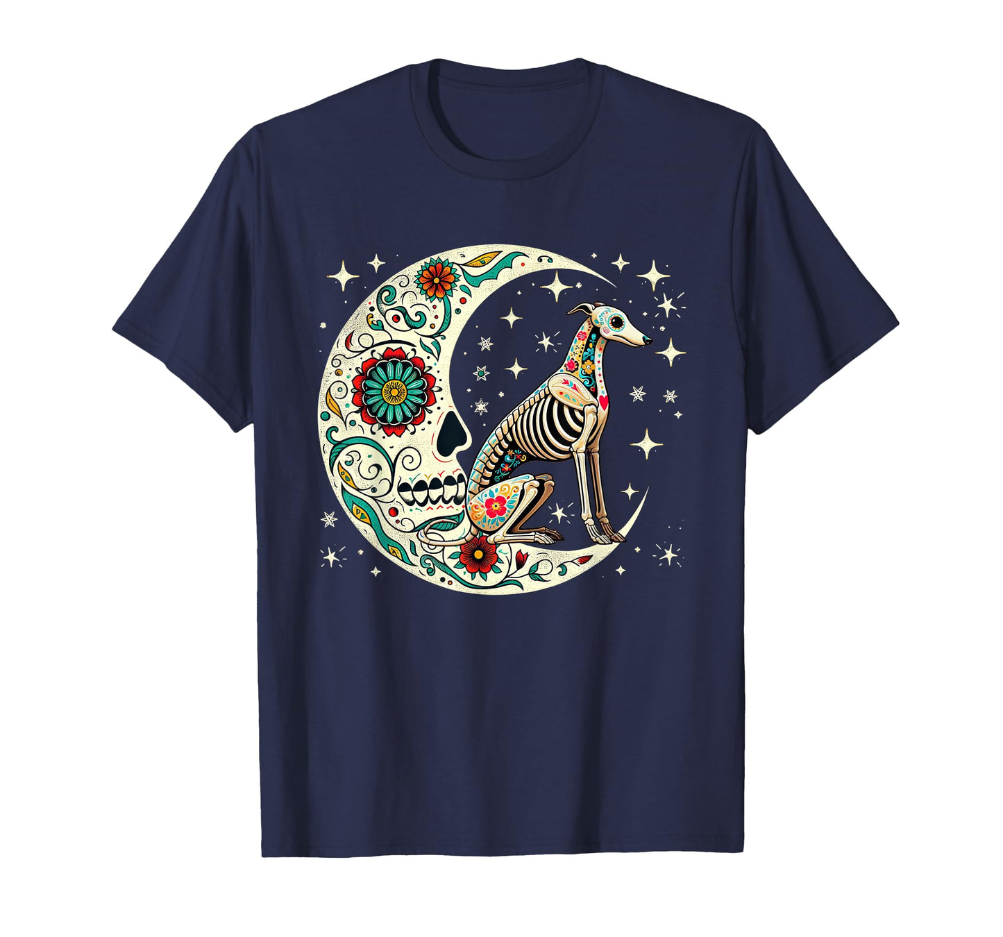Dia De Los Muertos Halloween Moon Floral Skeleton Whippet T-Shirt