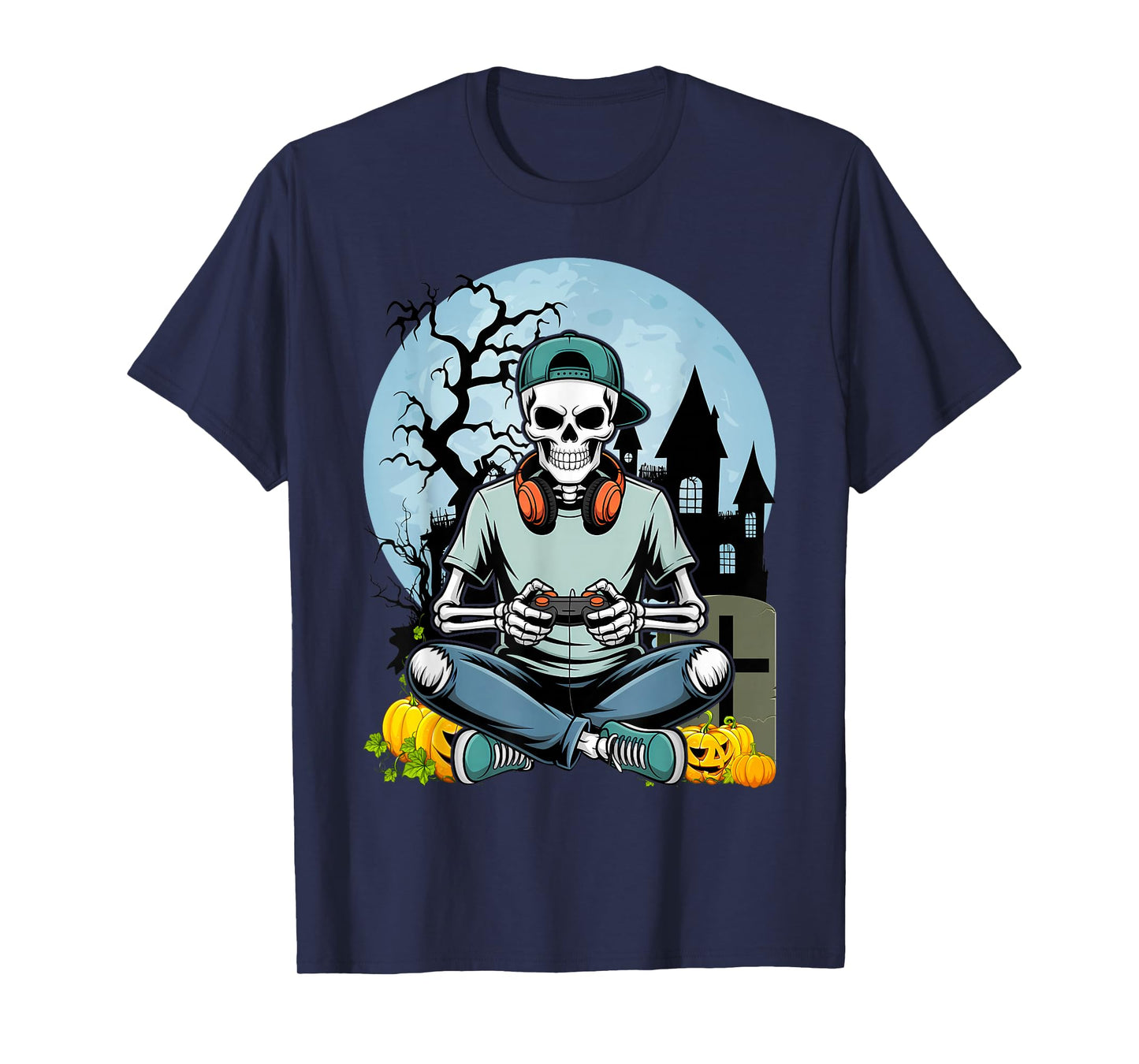 Halloween Skeleton Gamer Funny Video Games Boys Kids Men T-Shirt
