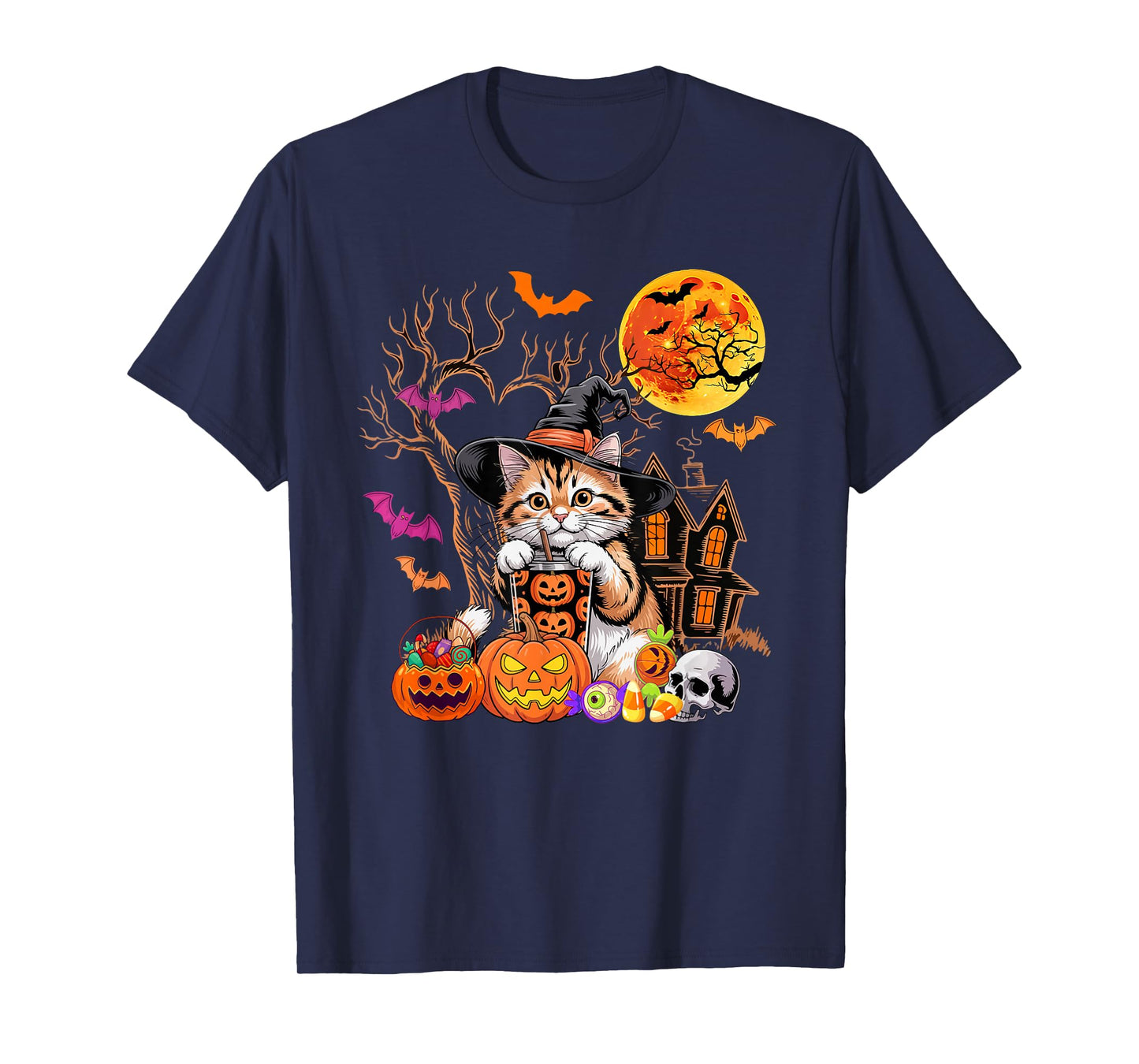 Cat As Witch Drinking Coffee Halloween Carved Pumpkin T-Shirt