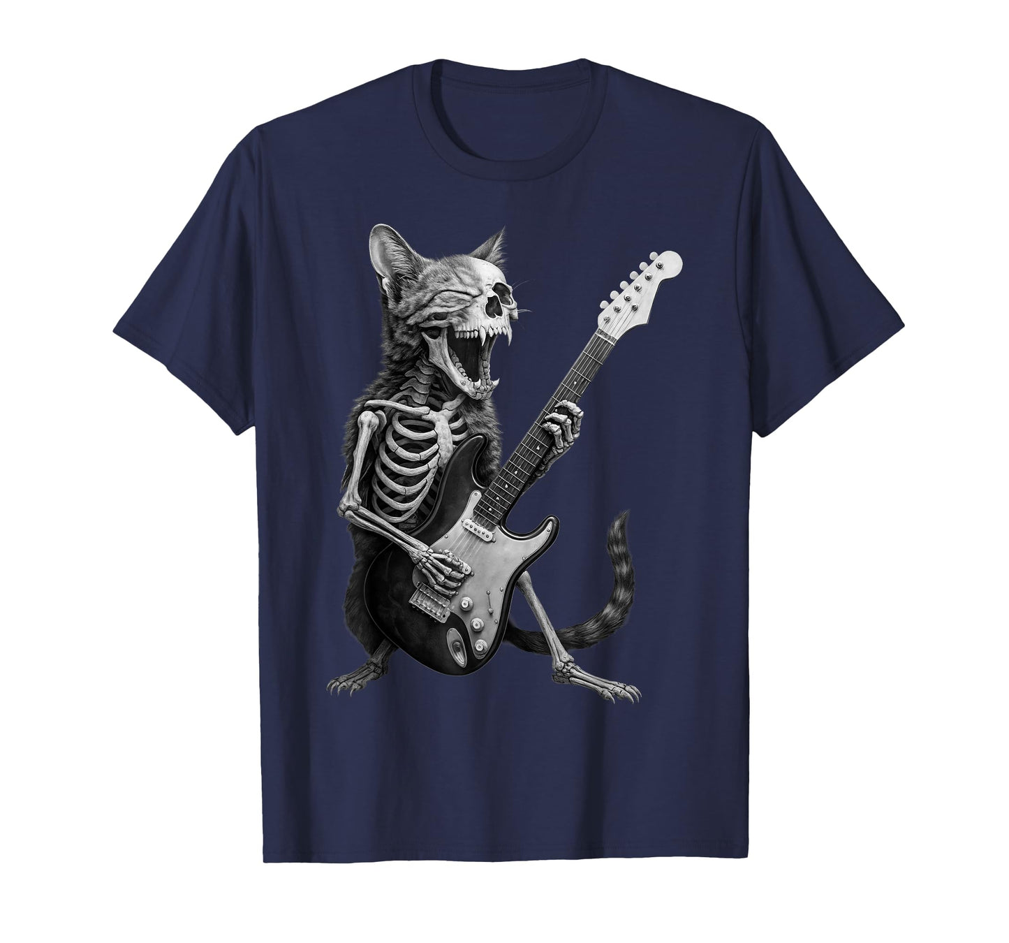 Funny Skeleton Cat Playing Guitar Rock and Roll Music Band T-Shirt
