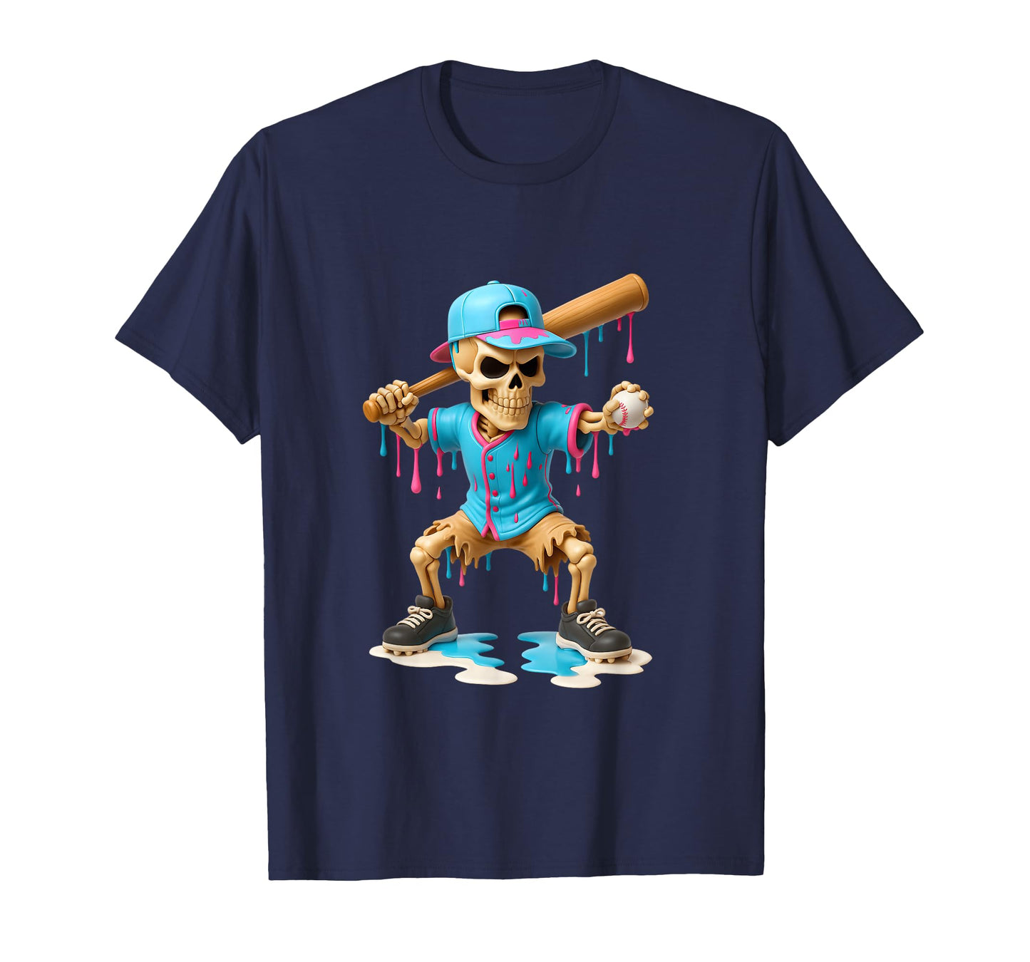 Halloween Baseball Skeleton Ice Cream Drip Baseball Dripping T-Shirt