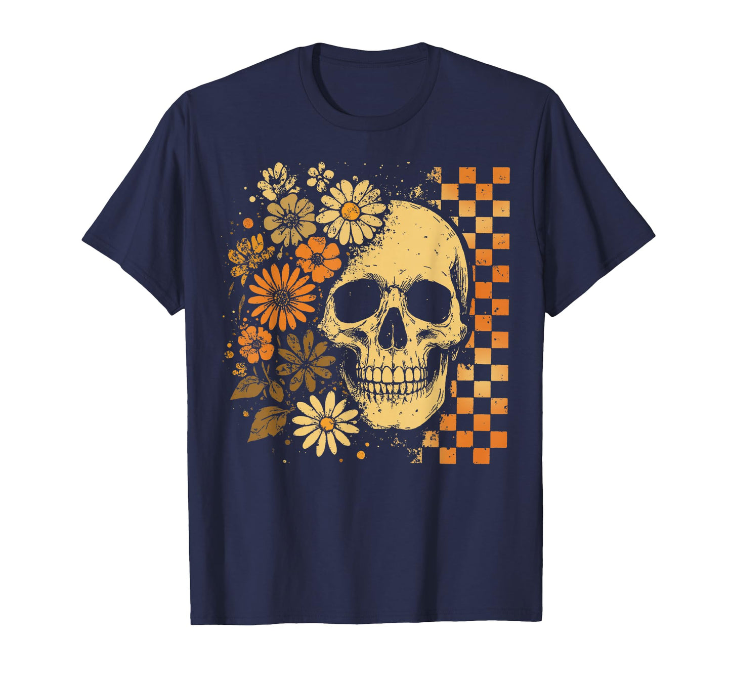 Retro Floral Skeleton, Checkered Skeleton, Halloween Skull T-Shirt
