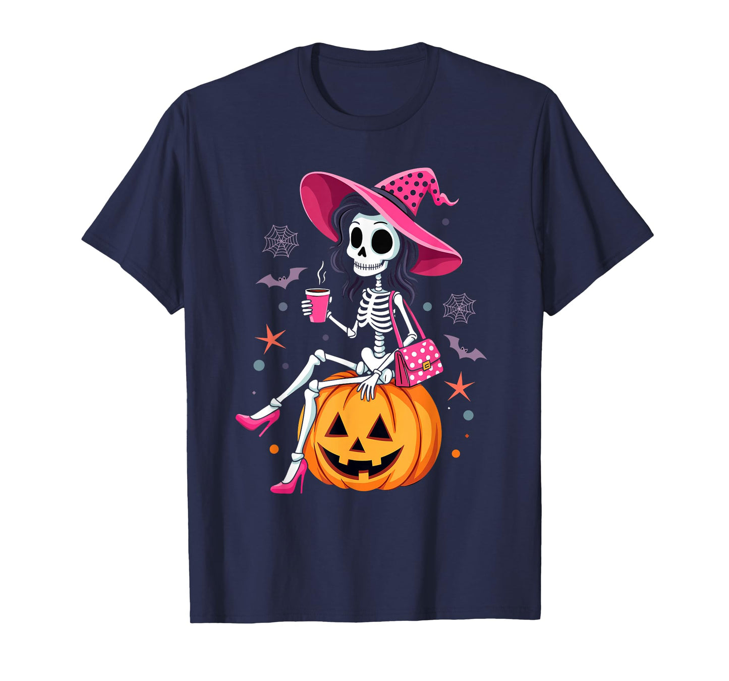 Cute Skeleton Drinking Coffee Halloween Costume Women Girls T-Shirt
