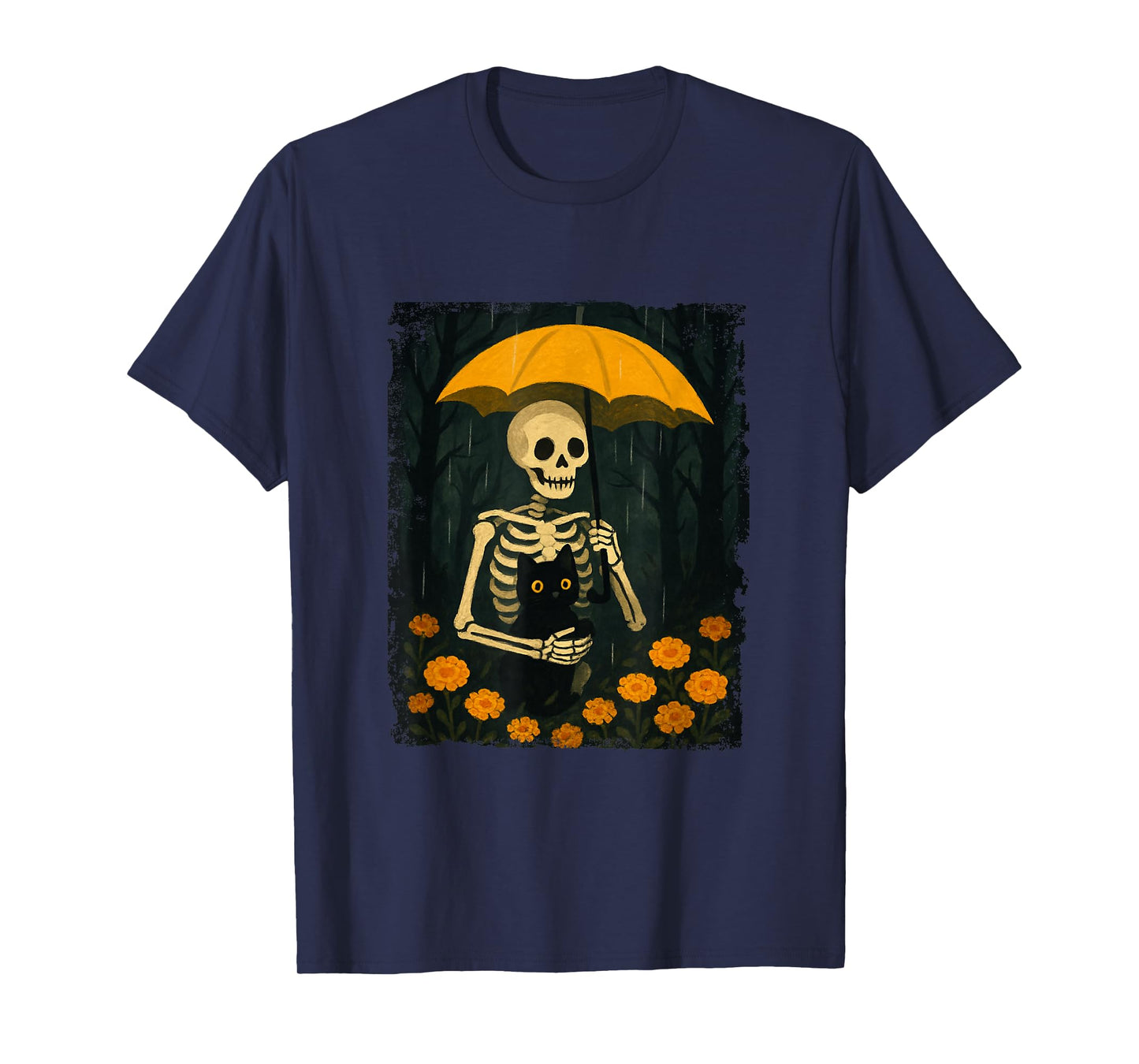 Skeleton Holding Black Cat Under Umbrella Halloween Floral T-Shirt