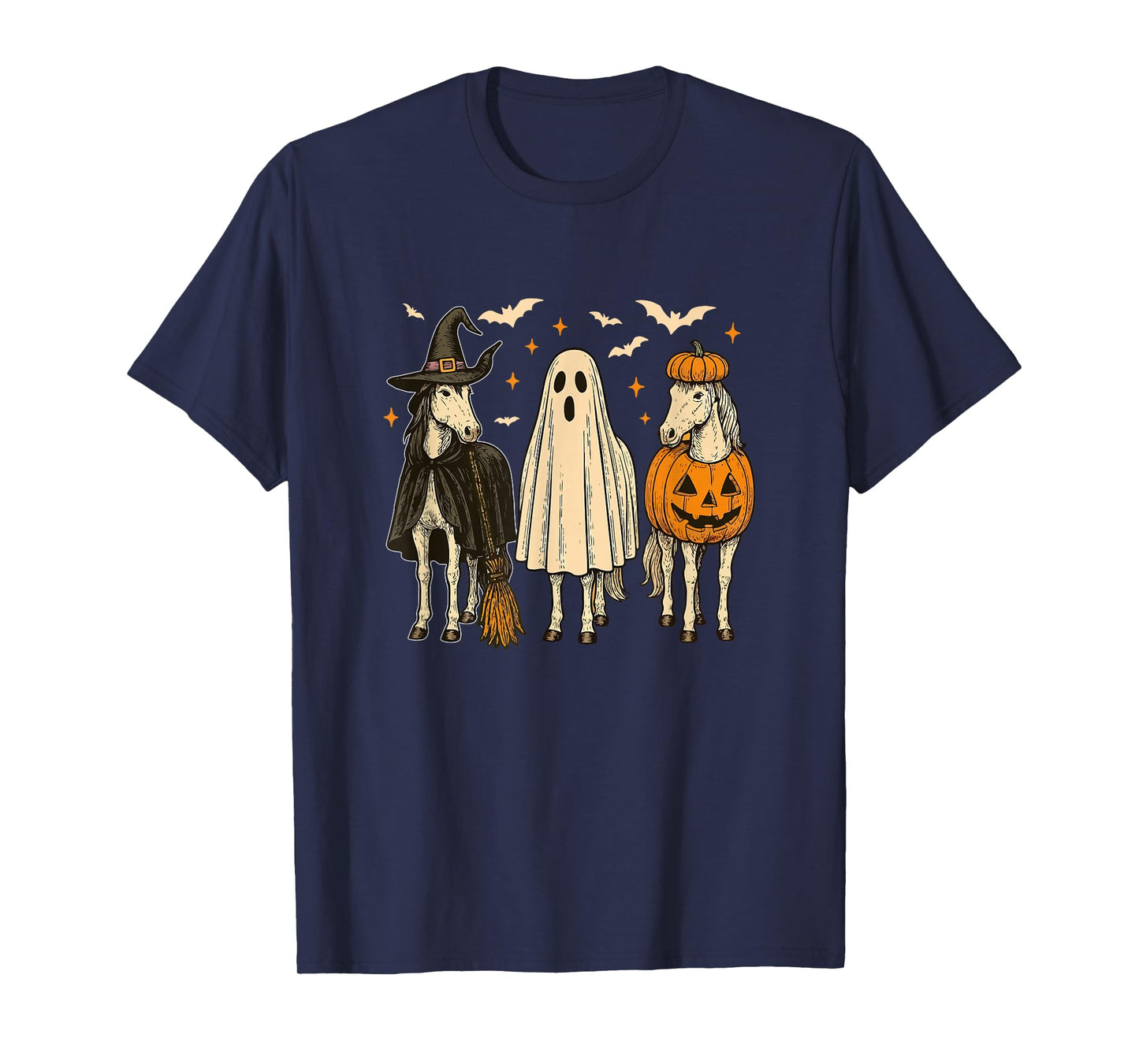 Three Halloween Horses Cosplay Witch Boo Carved Pumpkin T-Shirt