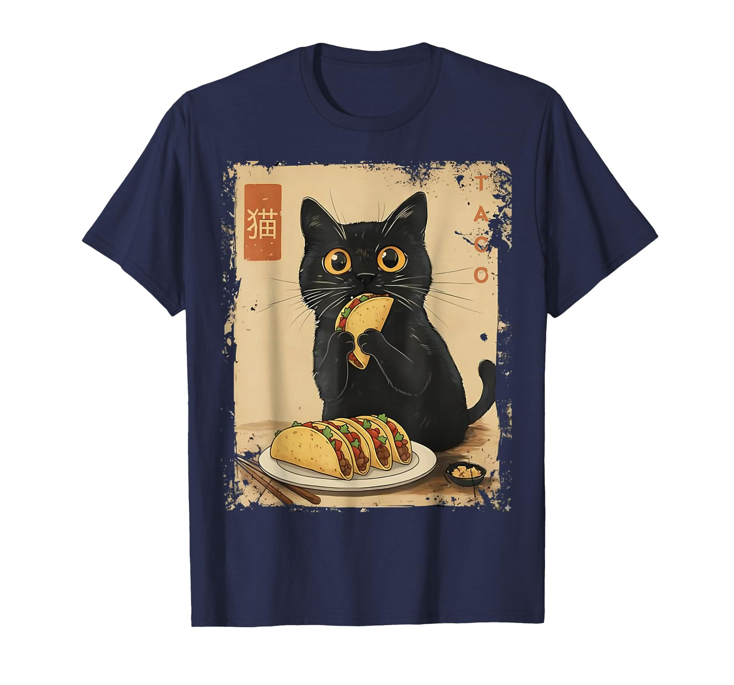 Black Cat Funny Tacos Japanese Culture Ukiyo-e Paper Art T-Shirt