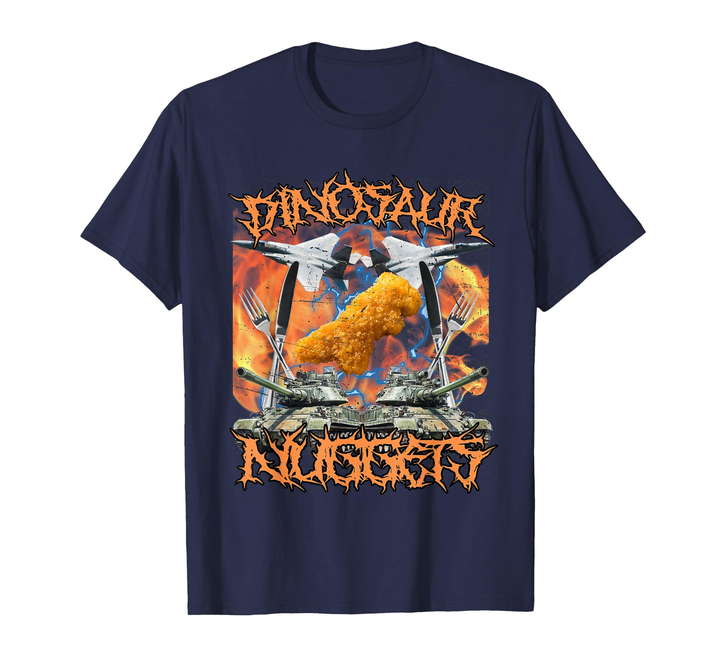 Funny Dinosaur Chicken Nugget Bootleg Hardcore Flames Meme T-Shirt