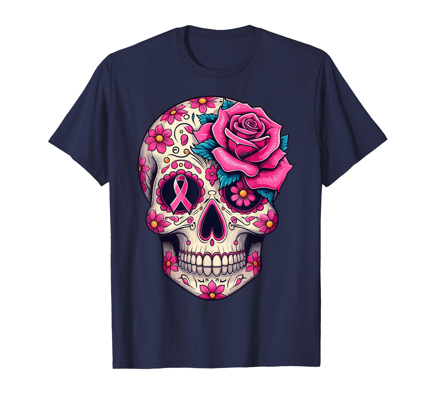 Sugar Skull Pink Ribbon Calavera Breast Cancer Awareness T-Shirt