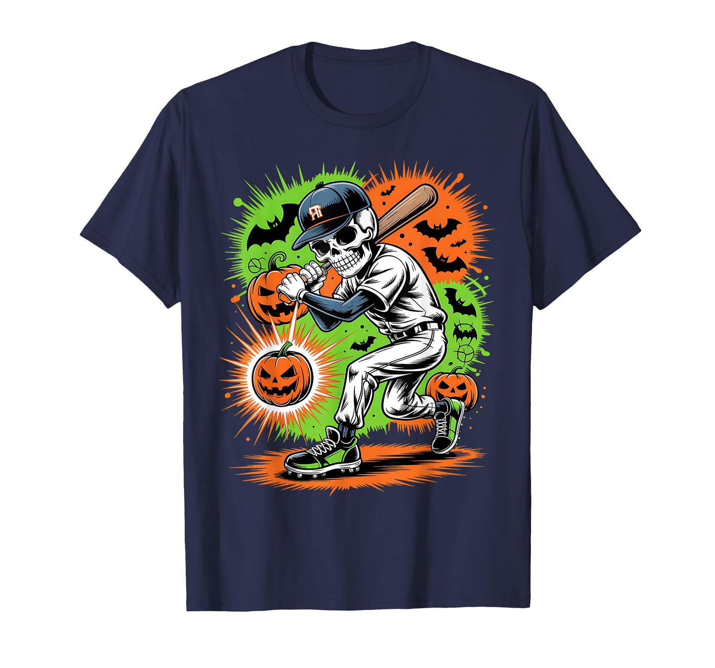 Skeleton Baseball Halloween Pumpkin Hitter Sport Costume T-Shirt