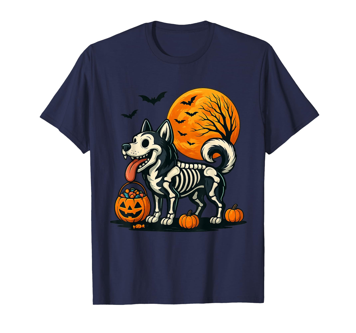 Siberian Husky Dog Skeleton Scary Halloween Pumpkin Moon T-Shirt