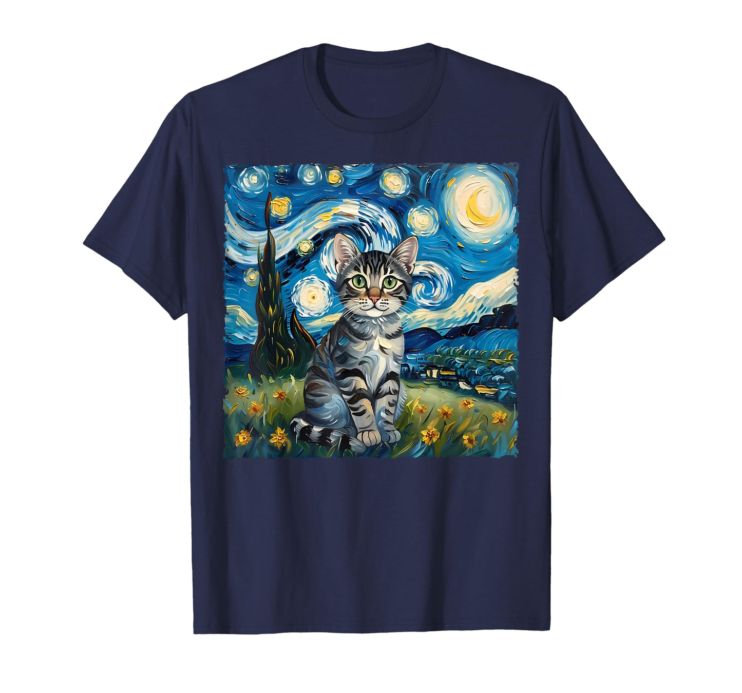 Van Gogh Style Funny Gray Tabby Tiger Cat Lover Starry Night T-Shirt