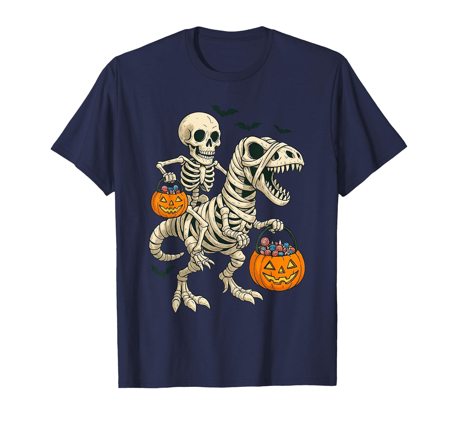 Mummy Skeleton Riding Dinosaur T Rex Kids Boys Men Halloween T-Shirt