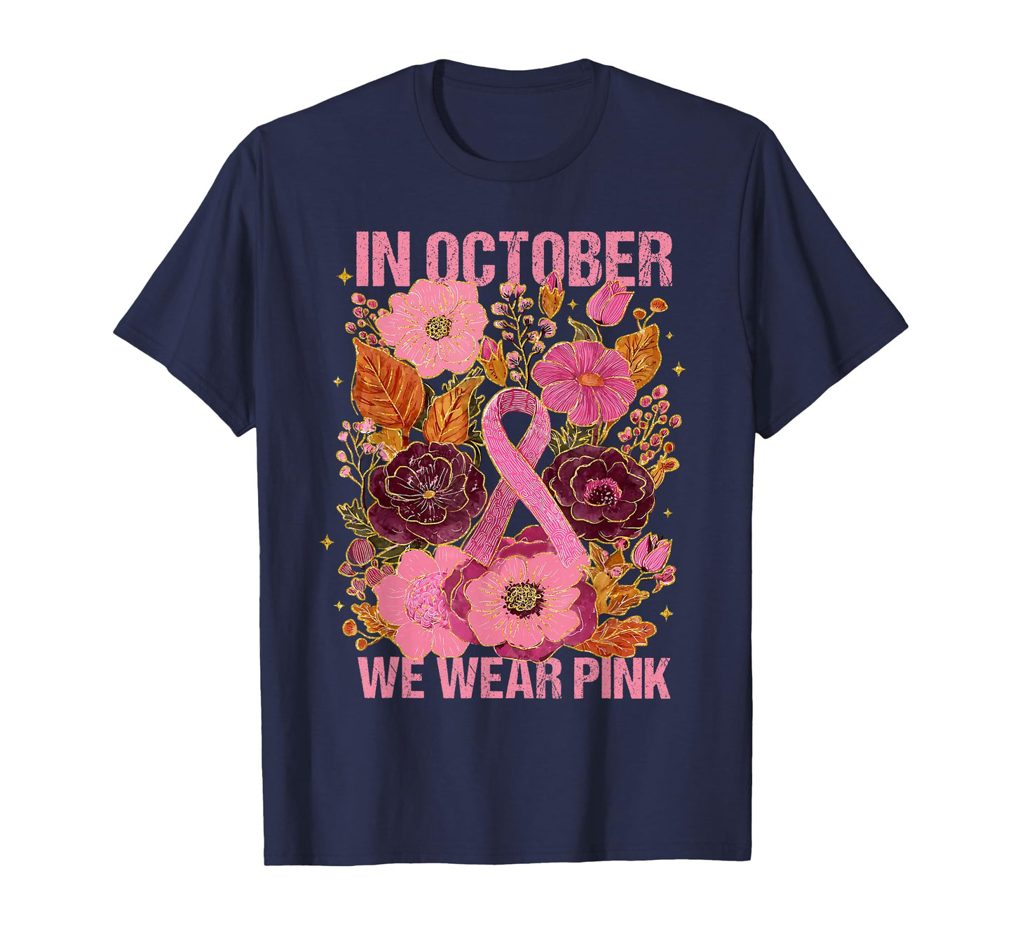 in October We Wear Pink Boho Breast Cancer Pink Ribbon Women T-Shirt