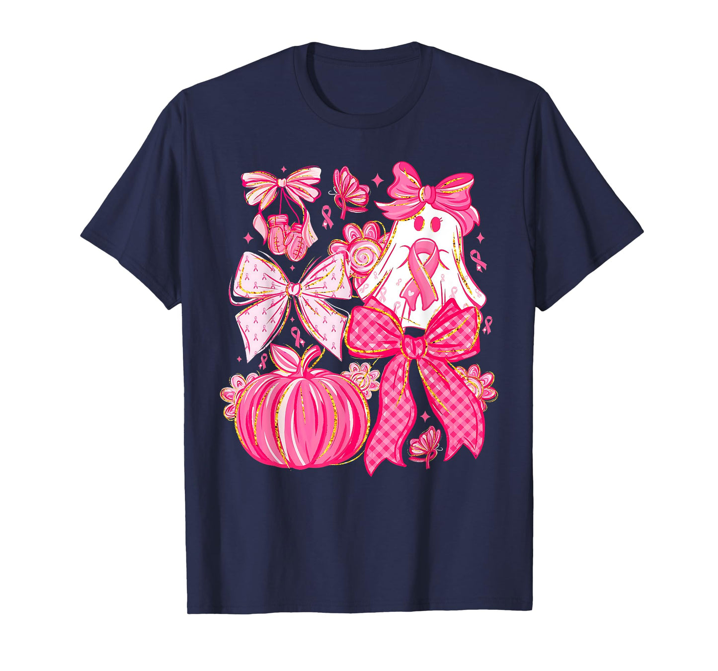 Breast Cancer Pink Ribbon Coquette Bow Pink Ghost Pumpkin T-Shirt