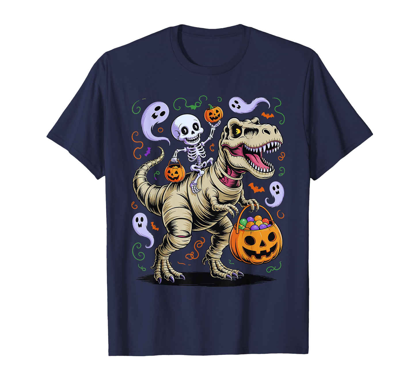 Funny Skeleton on Mummy T Rex with Pumpkin Candy Ghosts T-Shirt