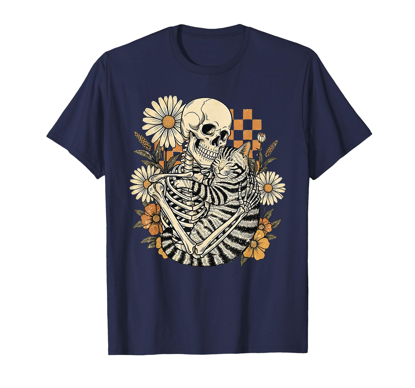 Floral Skeleton Hugging Cat Halloween Cats Mom Dad T-Shirt