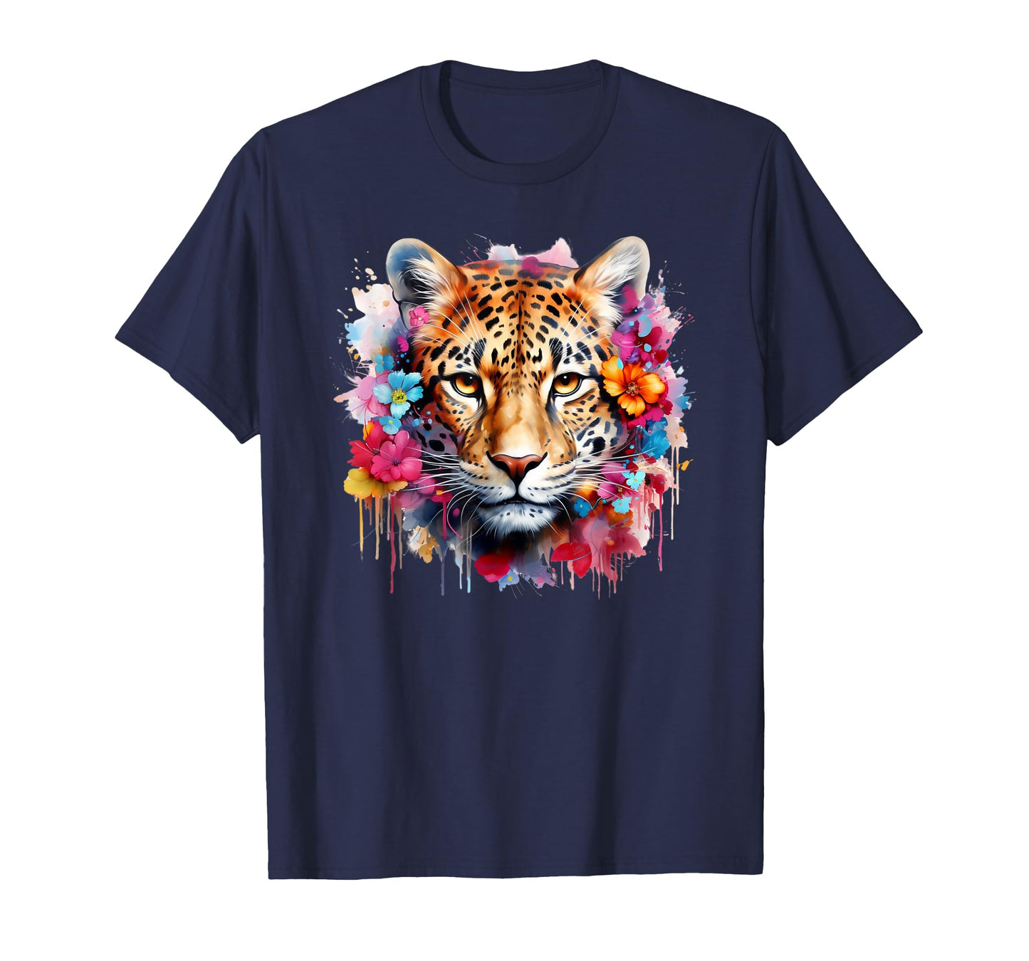 Colorful Leopard Portrait Flowers Floral Leopard Watercolor T-Shirt