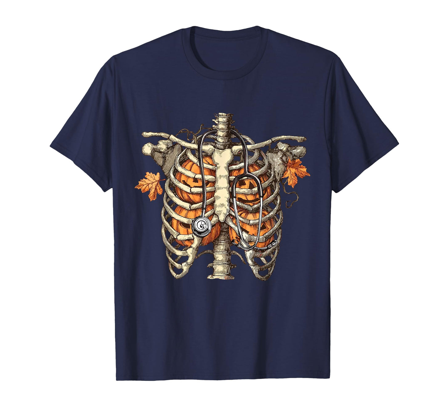 Pumpkin Rib Cage Skeleton Halloween Nurse Spooky Stethoscope T-Shirt