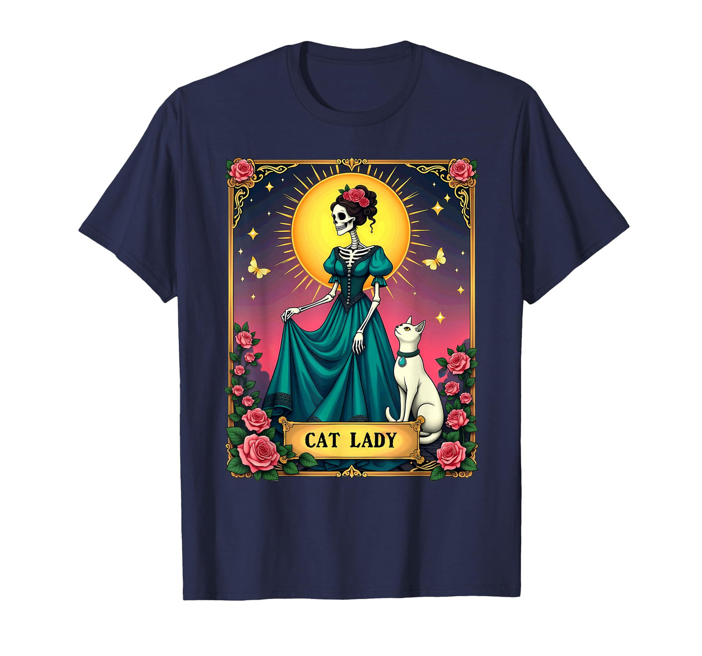 Retro Cat Lady Tarot Card Skeleton Halloween T-Shirt