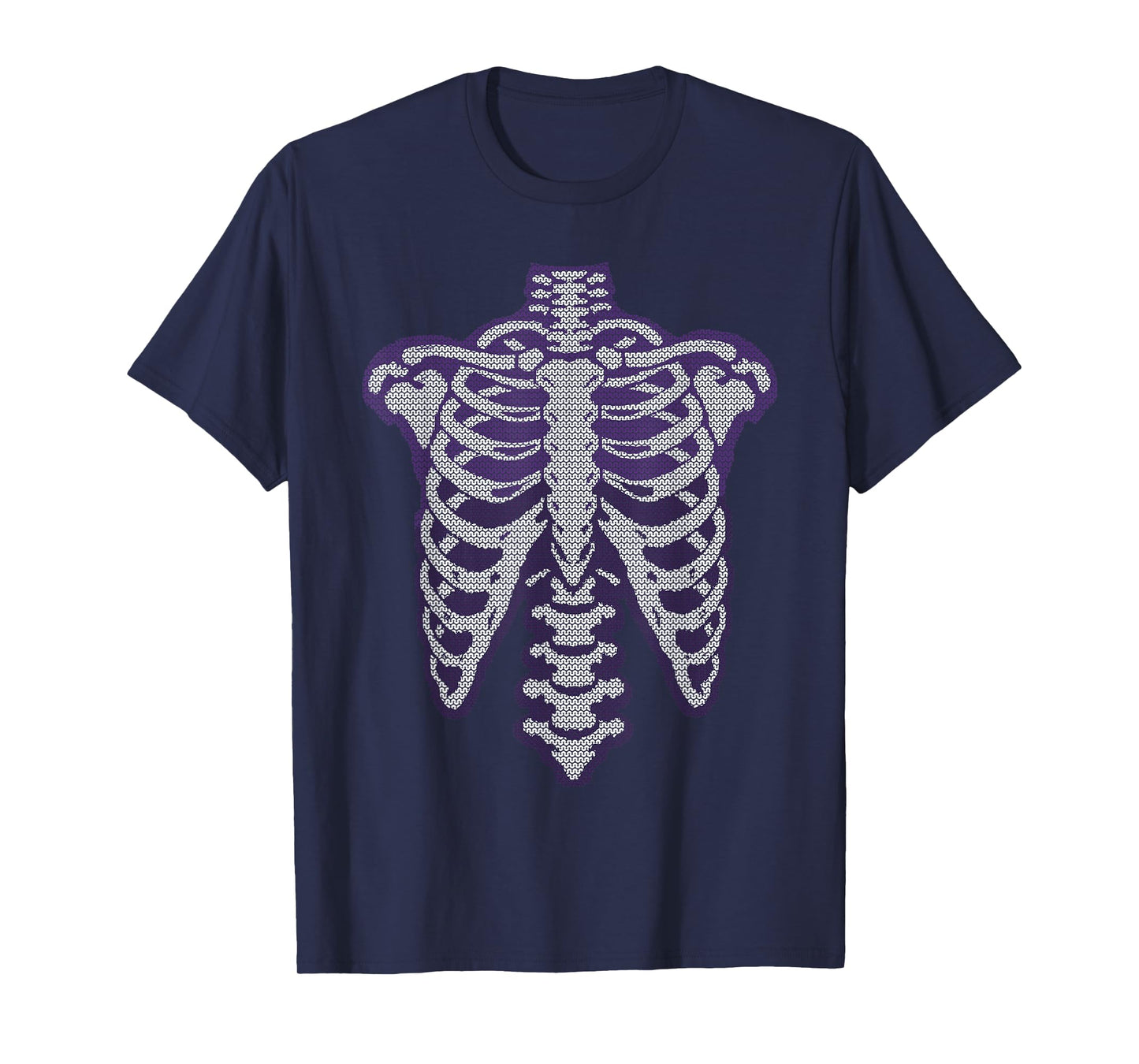Purple Knitted Skeleton Ribcage with Pixel Style Pattern T-Shirt