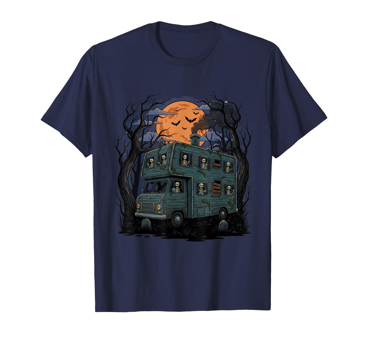Haunted Camper RV Van Funny Halloween Skeleton Ghost Trip T-Shirt