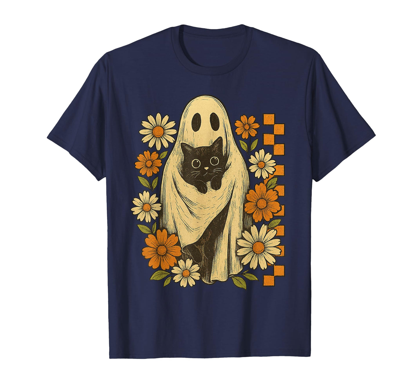 Vintage Halloween Ghost Holding Black Cats Groovy Floral T-Shirt
