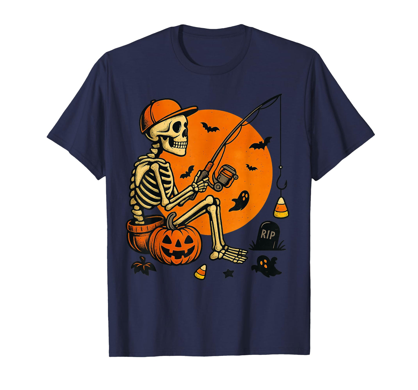 Skeleton Fishing Halloween Retro Moon Apparel Outfit T-Shirt
