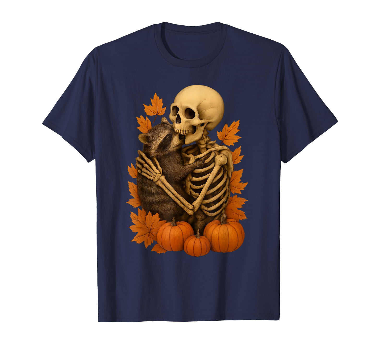 Skeleton Hugging a Raccoon Fall Vibes Halloween Costume Cute T-Shirt