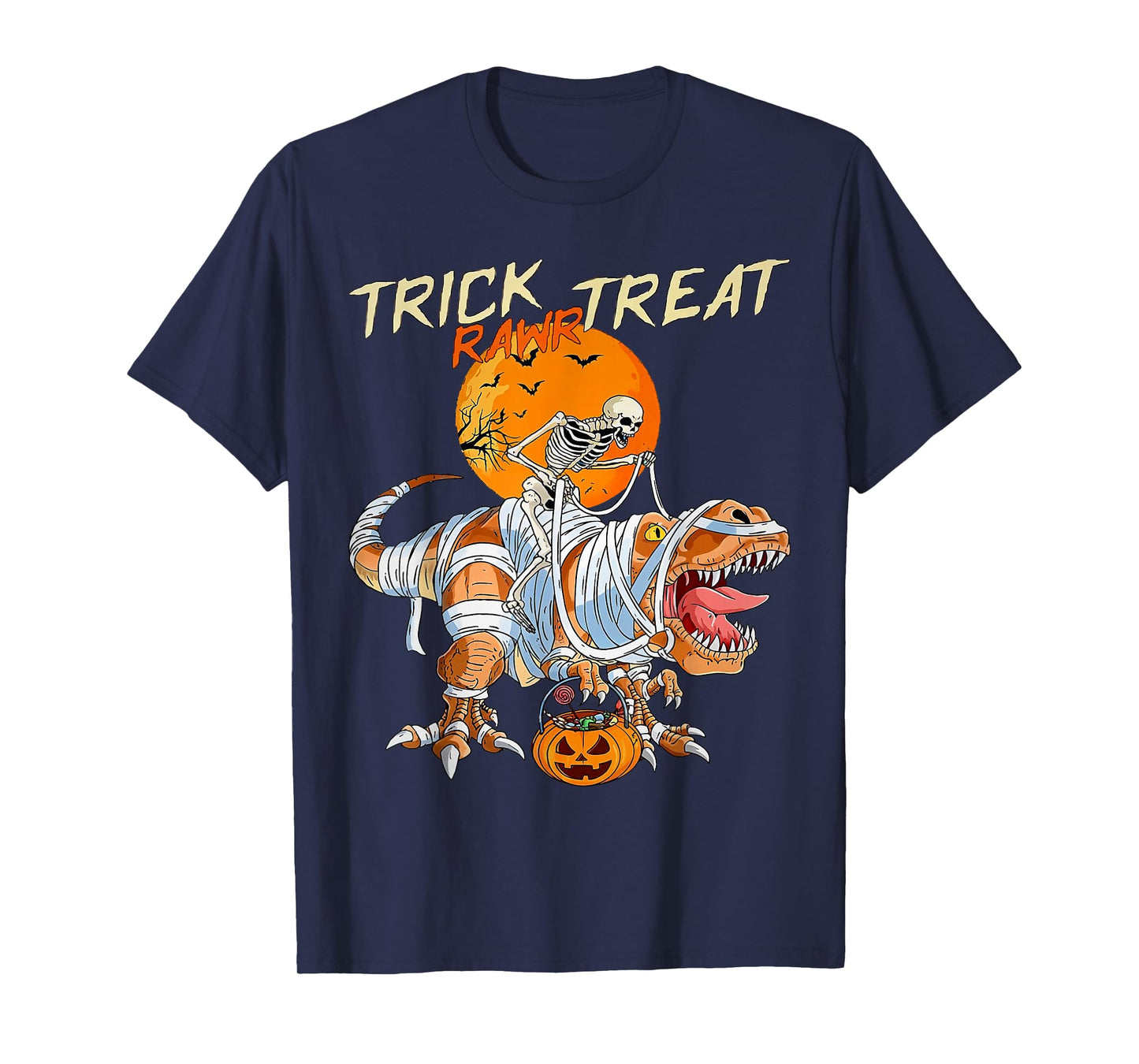 Funny Trick Rawr Treat Dinosaur T rex Skeleton Mummy T-Shirt
