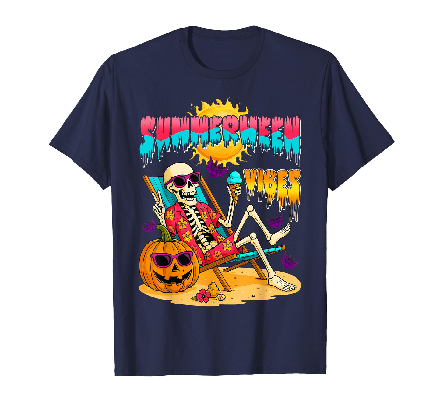 Summerween Vibes Skeleton Halloween Summer Beach Vacation T-Shirt