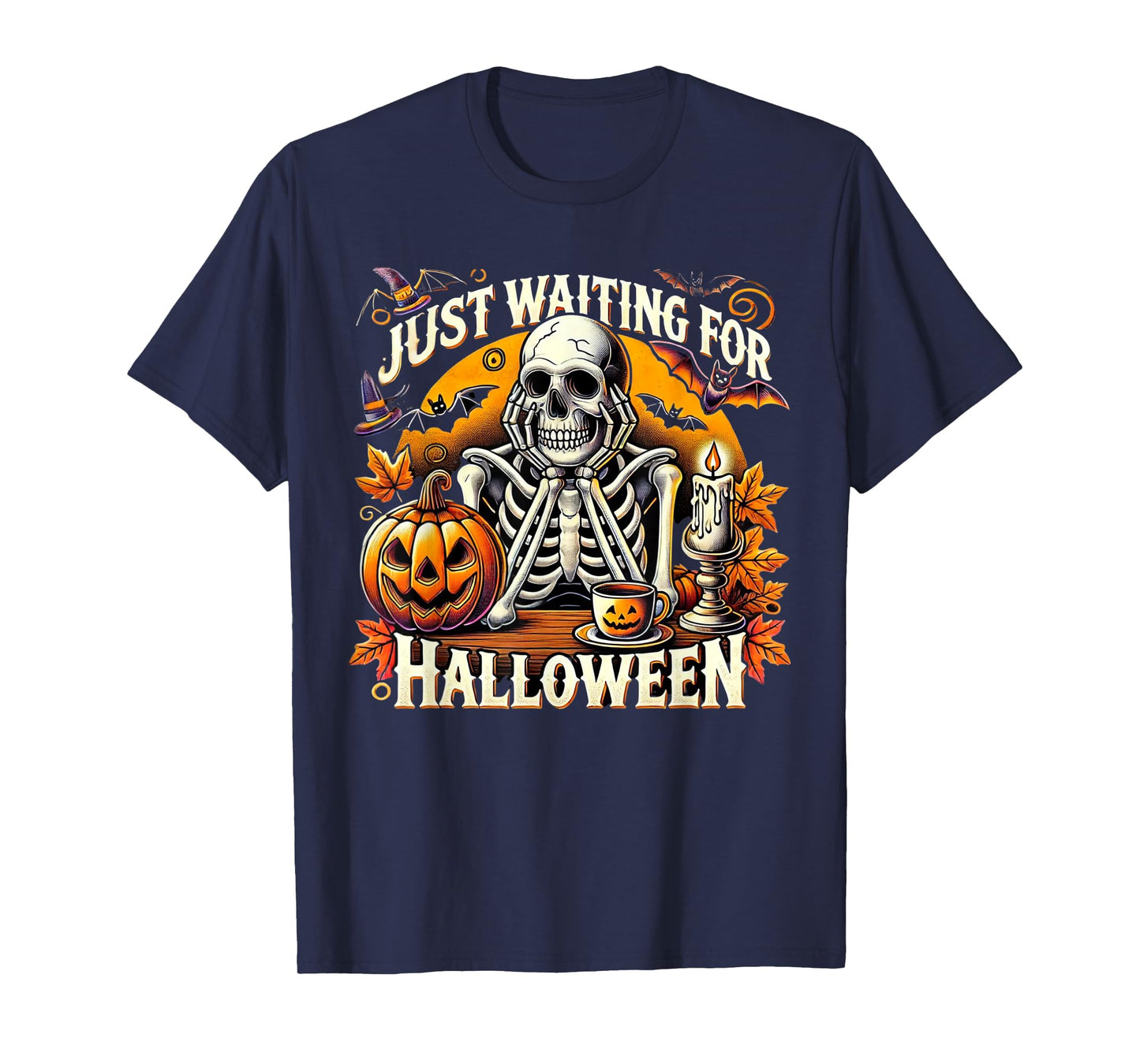 Just Waiting for Halloween Skeleton Coffee Spooky Season T-Shirt