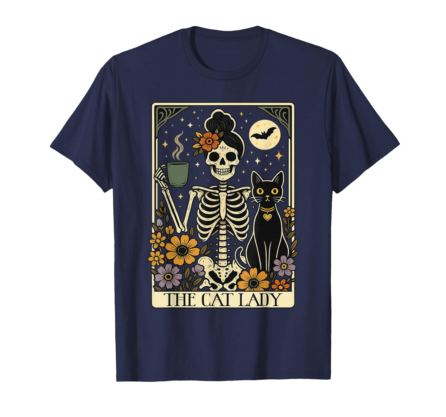 Mystic Skeleton The Cat Lady with Coffee Tarot Card Vibes T-Shirt