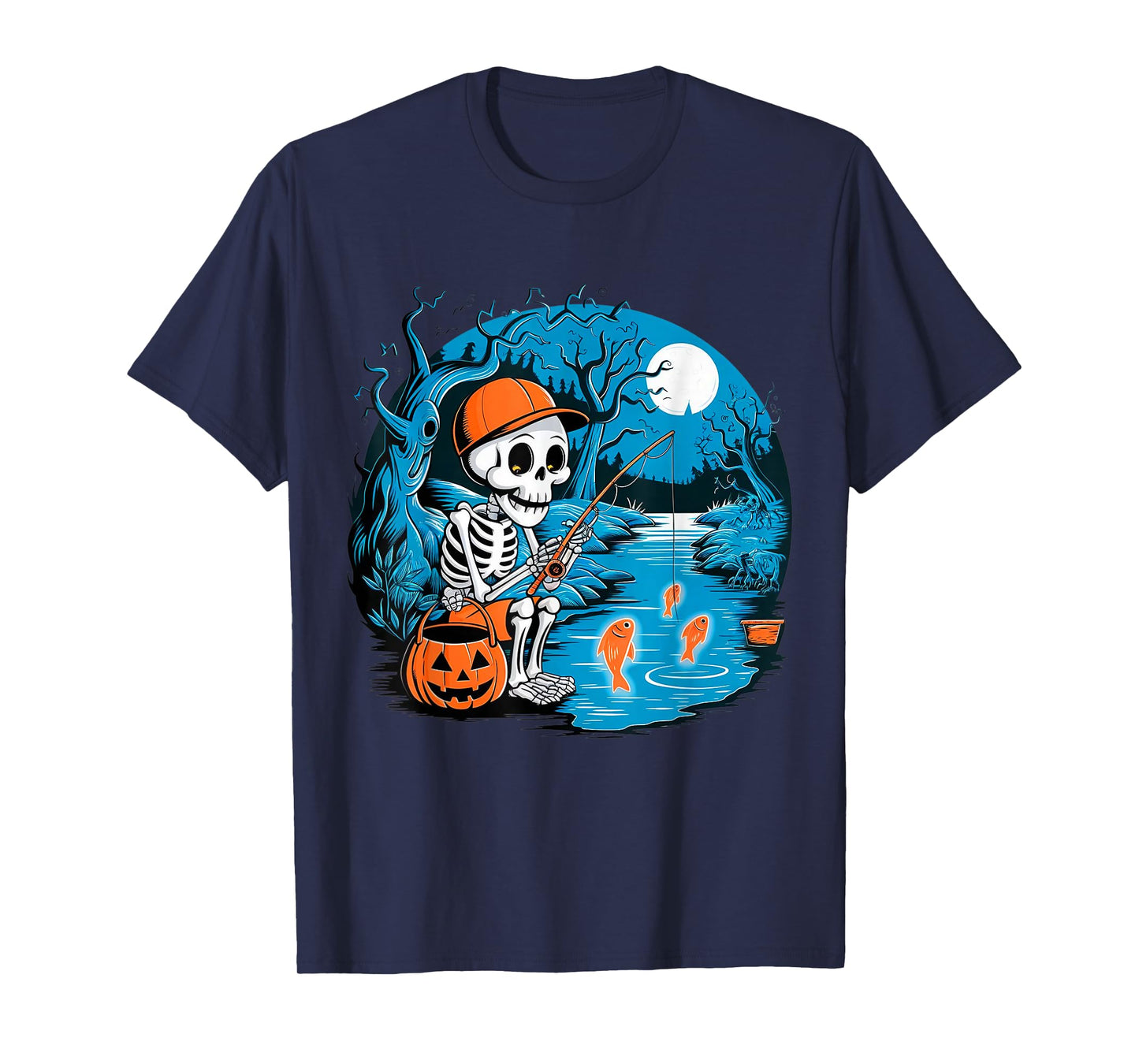 Spooky Fishing Skeleton Halloween Creepy Fisherman Boys Kids T-Shirt