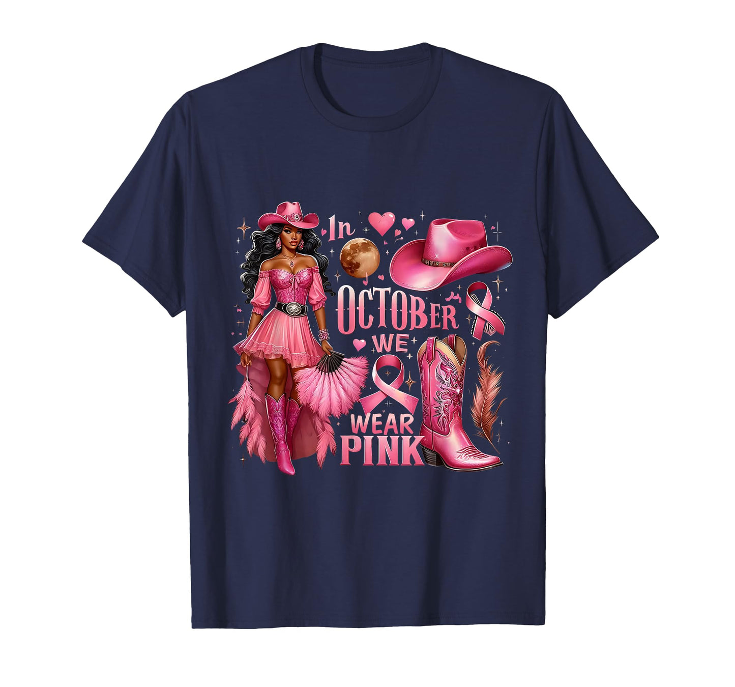 in October We Wear Pink Cowgirl Melanin Rodeo Breast Cancer T-Shirt