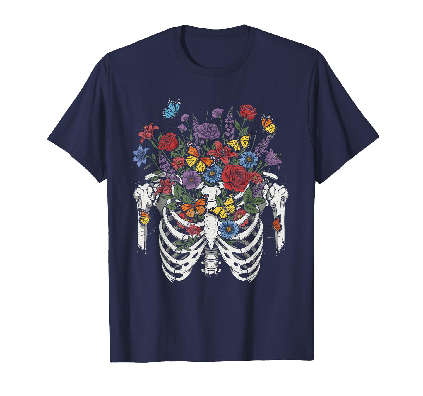 Skeleton Ribcage with Flowers and Butterflies Halloween T-Shirt