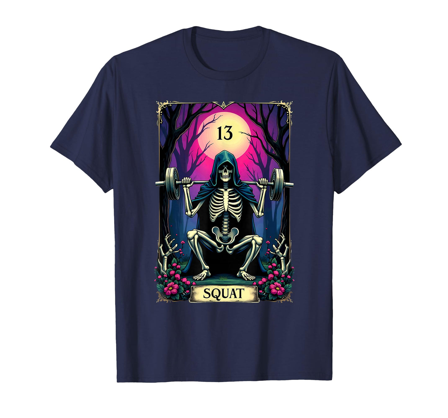 Gothic Tarot Card Skeleton Squat Weightlifting T-Shirt