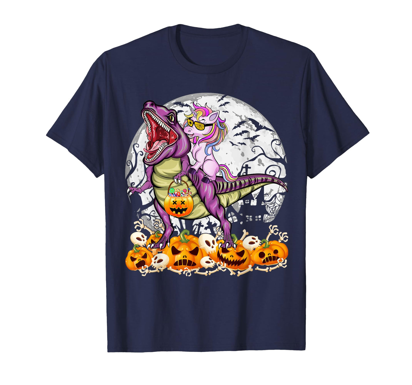 Unicorn Riding Dinosaur T rex Spooky Halloween Costume Girls T-Shirt