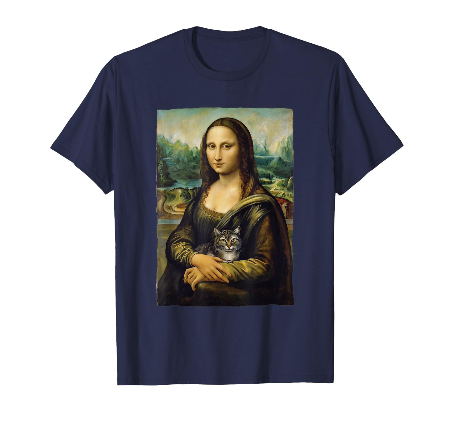 Mona Lisa Holding Grey Cat Portrait Art Painting T-Shirt