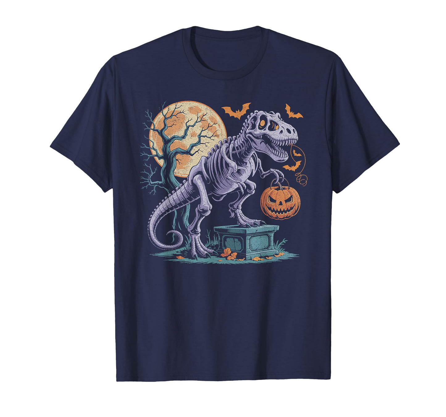 Halloween Dinosaur Skeleton T-rex Pumpkin Moon Boys Girls T-Shirt