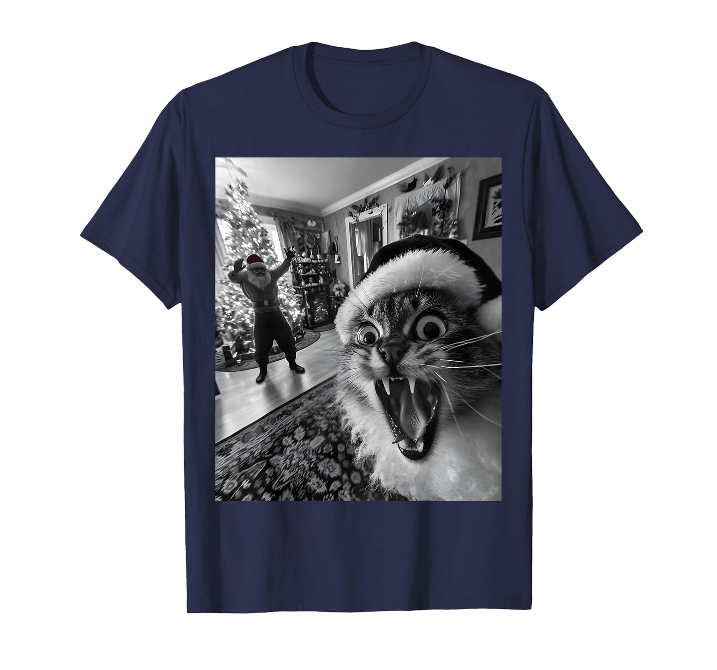 Funny Cat Selfie With Santa Christmas Men Women T-Shirt