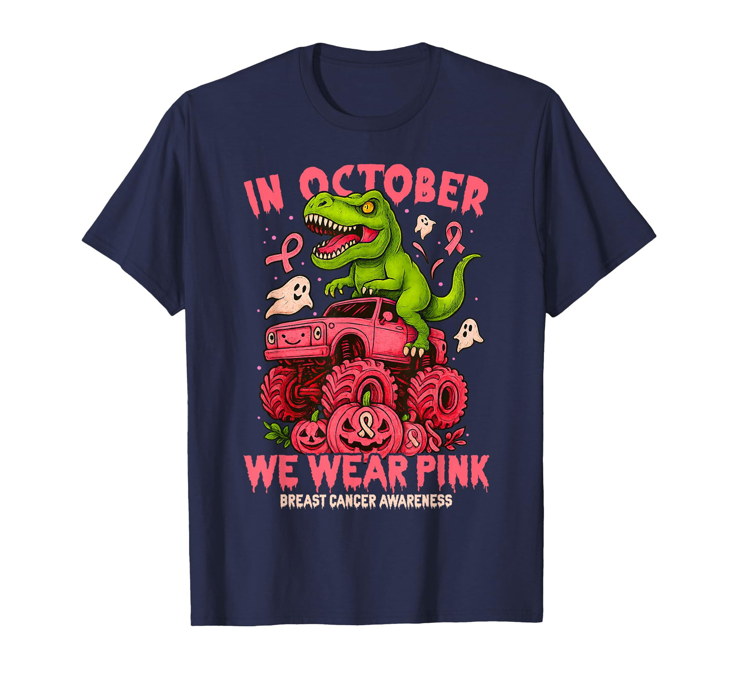 in October We Wear Pink T Rex Dinosaur Monster Truck Pumpkin T-Shirt