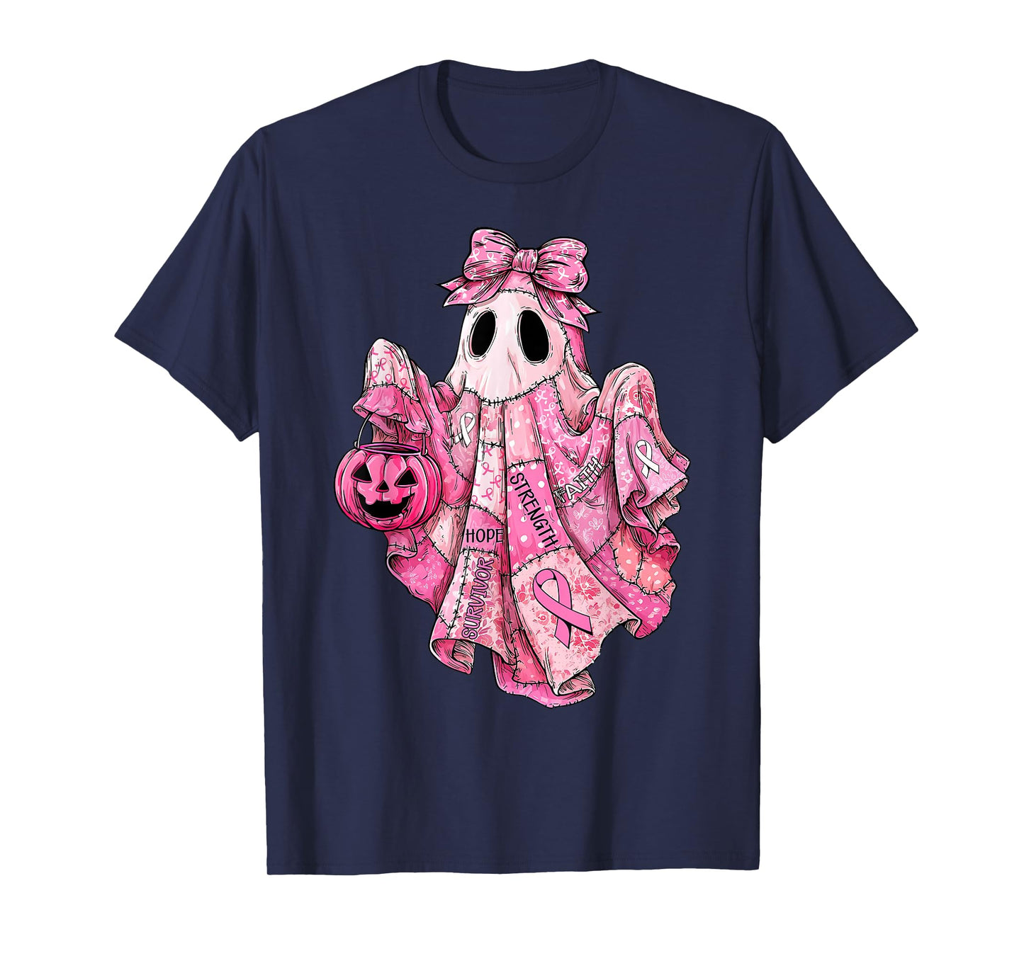 Breast Cancer Pink Ribbon Patchwork Ghost Halloween Women T-Shirt