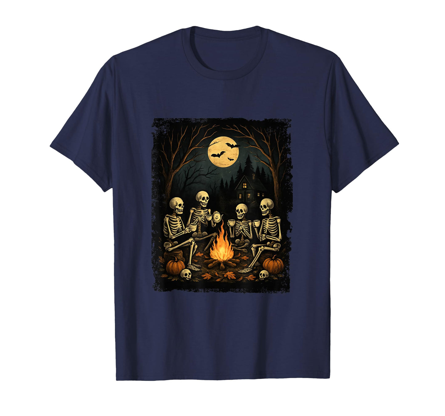 Skeletons Gathering Fire Camping Gothic Halloween Night T-Shirt